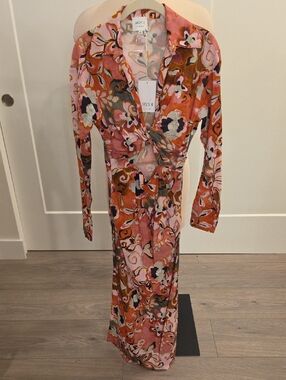 Misa Los Angeles Pink&Orange Floral Twist-Front midi/Maxi Dress size XS NWTS